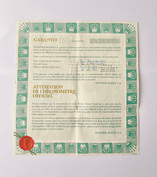 Rolex Submariner 16800 guarantee papers dated 1984