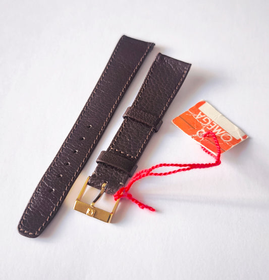 Original Omega 18mm leather strap with gold-tone buckle and tag – NOS vintage Swiss Made
