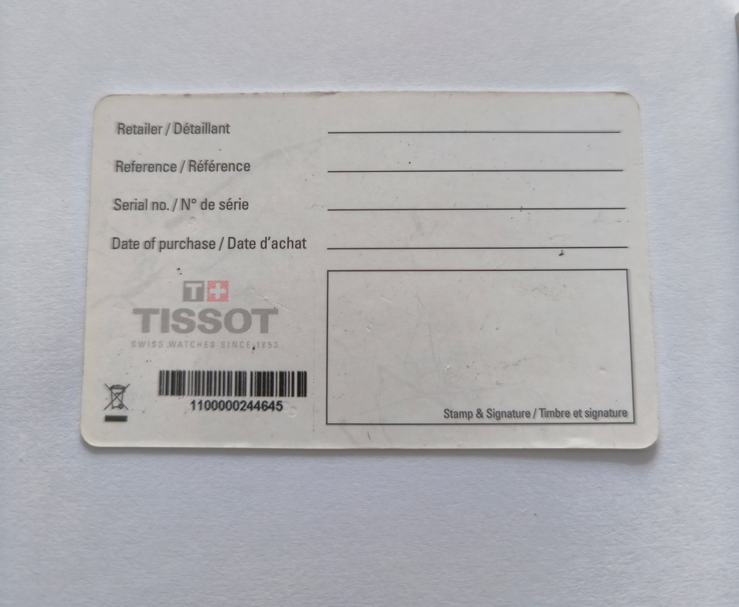 Tissot  Watch Guarantee Warranty Certificate Card
