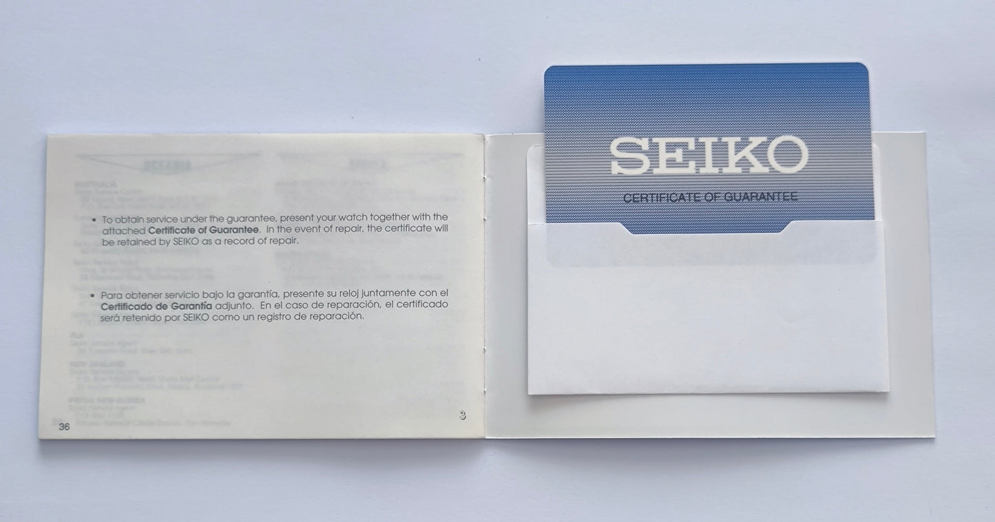 Genuine Seiko Warranty Card & Worldwide Guarantee Booklet