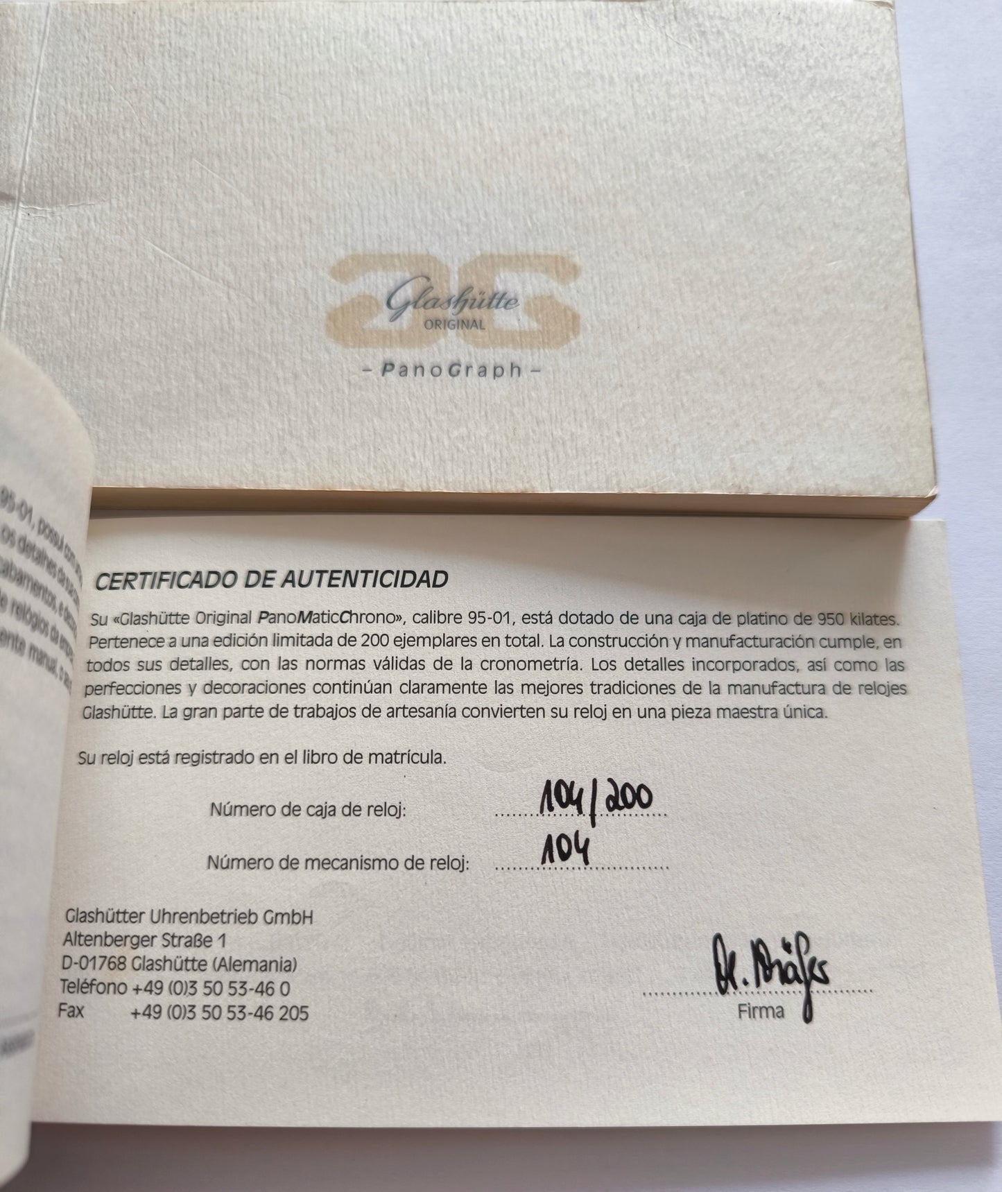 Glashutte Original PanoMaticChrono PanoGraph Watch Guarantee Warranty Certificate Card