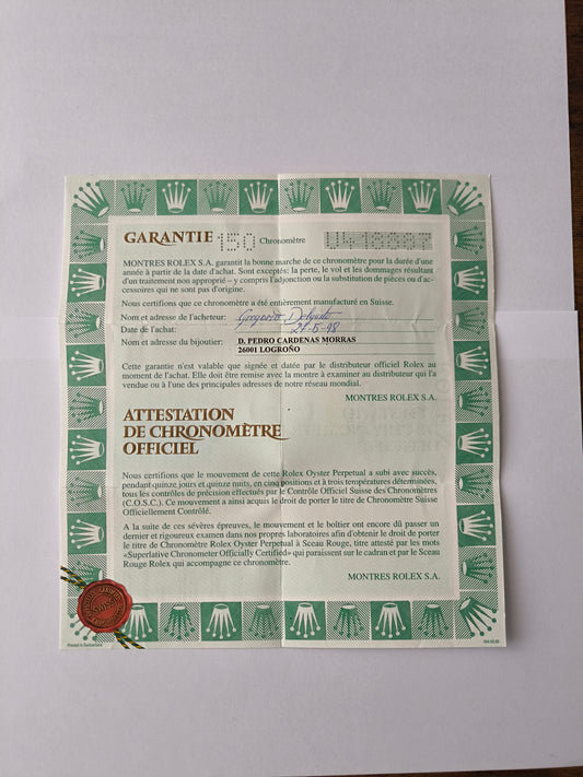 Rolex 15200 guarantee papers dated 1997