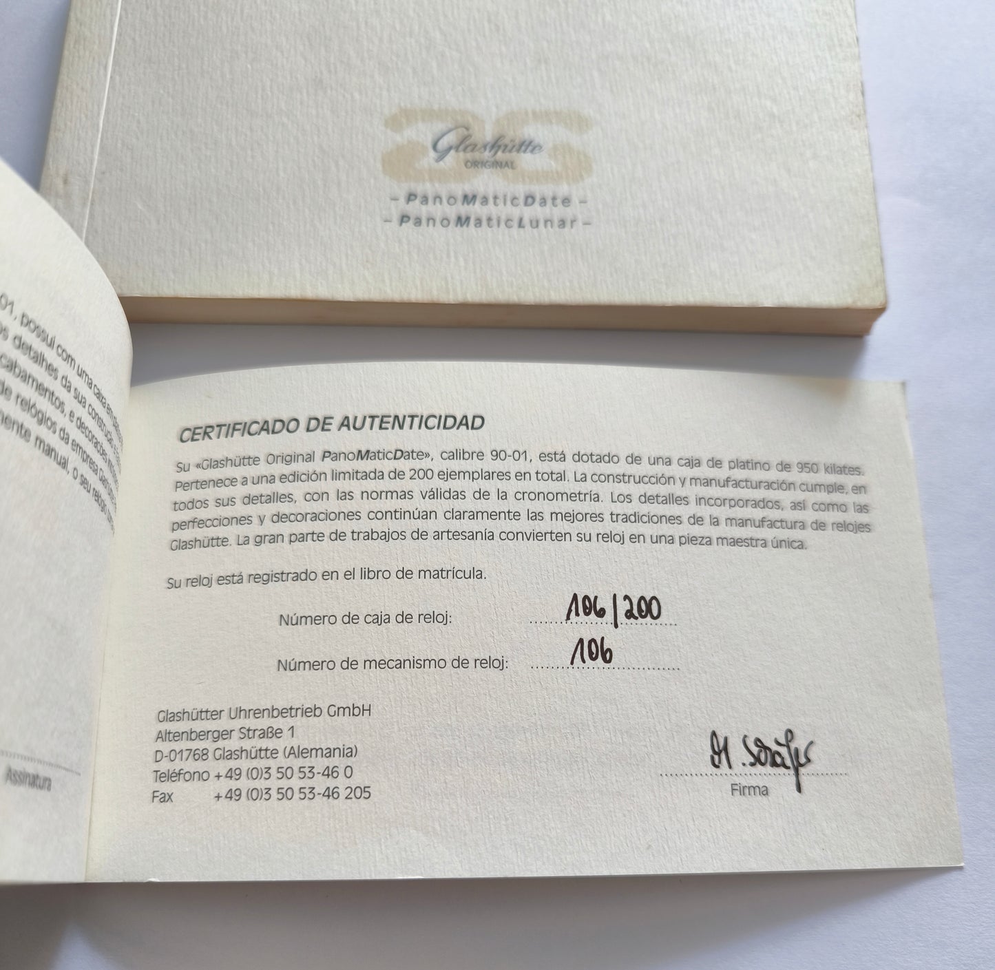 Glashutte Original PanoMaticDate PanoMaticLunar Watch Guarantee Warranty Certificate Card