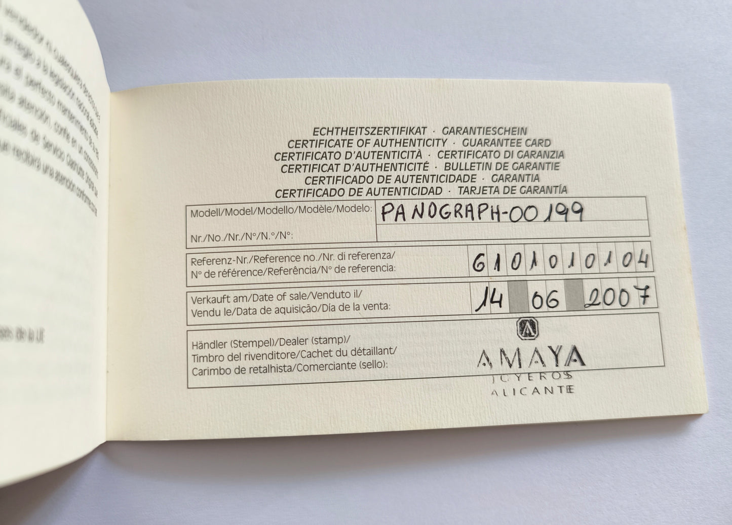 Glashutte Original PanoMaticDate PanoMaticLunar Watch Guarantee Warranty Certificate Card