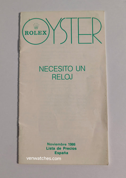 VINTAGE ROLEX PRICE LIST SPAIN 1986